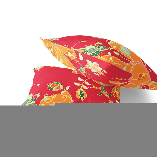 Set of Two Yellow Red And Green Floral Indoor Outdoor Throw Pillow HomeRoots