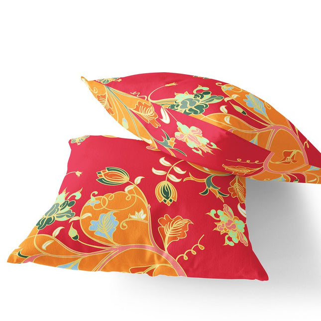Set of Two Yellow Red And Green Floral Indoor Outdoor Throw Pillow