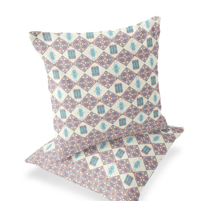 Set of Two Pink Cream And Blue Diamond Indoor Outdoor Throw Pillow