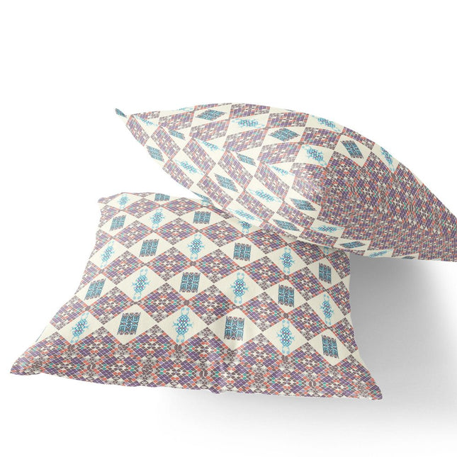 Set of Two Pink Cream And Blue Diamond Indoor Outdoor Throw Pillow