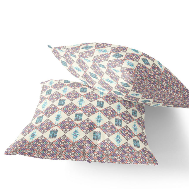 Set of Two Pink Cream And Blue Diamond Indoor Outdoor Throw Pillow HomeRoots