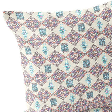 Set of Two Pink Cream And Blue Diamond Indoor Outdoor Throw Pillow