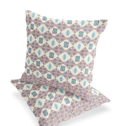 Set of Two Pink Cream And Blue Diamond Indoor Outdoor Throw Pillow