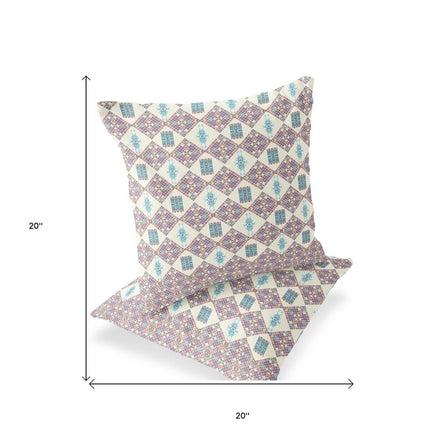 Set of Two Pink Cream And Blue Diamond Indoor Outdoor Throw Pillow