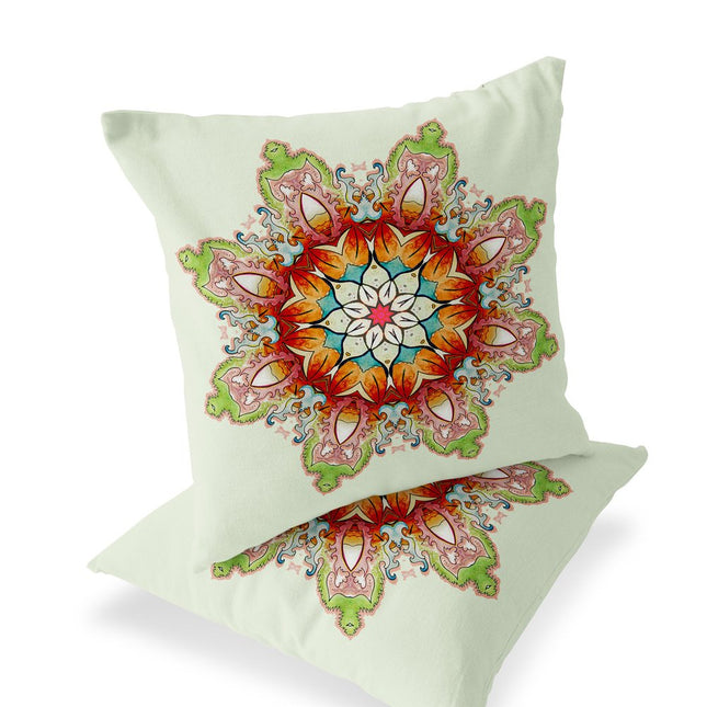 Set of Two Orange And Green Abstract Indoor Outdoor Throw Pillow