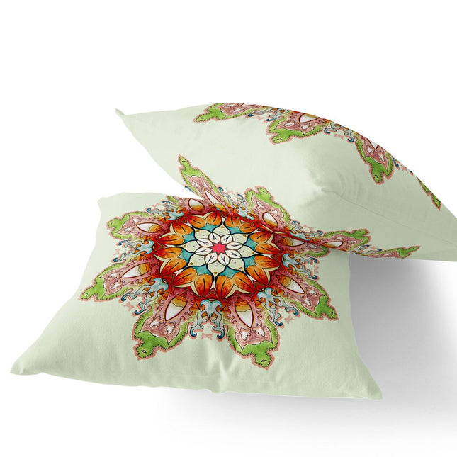 Set of Two Orange And Green Abstract Indoor Outdoor Throw Pillow