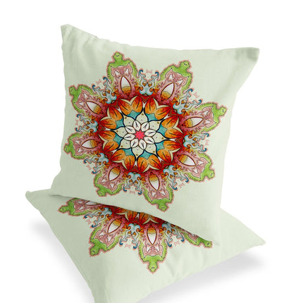 Set of Two Orange And Green Abstract Indoor Outdoor Throw Pillow