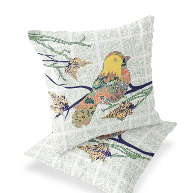 Set of Two Light Green Yellow And Off White Bird Indoor Outdoor Throw Pillow