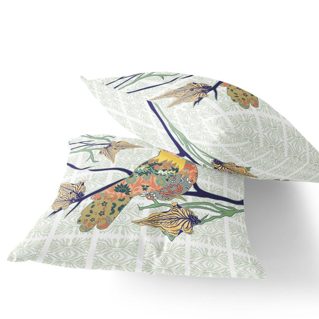 Set of Two Light Green Yellow And Off White Bird Indoor Outdoor Throw Pillow