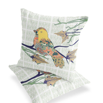 Set of Two Light Green Yellow And Off White Bird Indoor Outdoor Throw Pillow HomeRoots