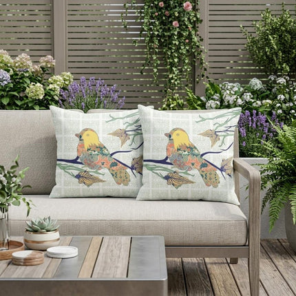 Set of Two Light Green Yellow And Off White Bird Indoor Outdoor Throw Pillow HomeRoots