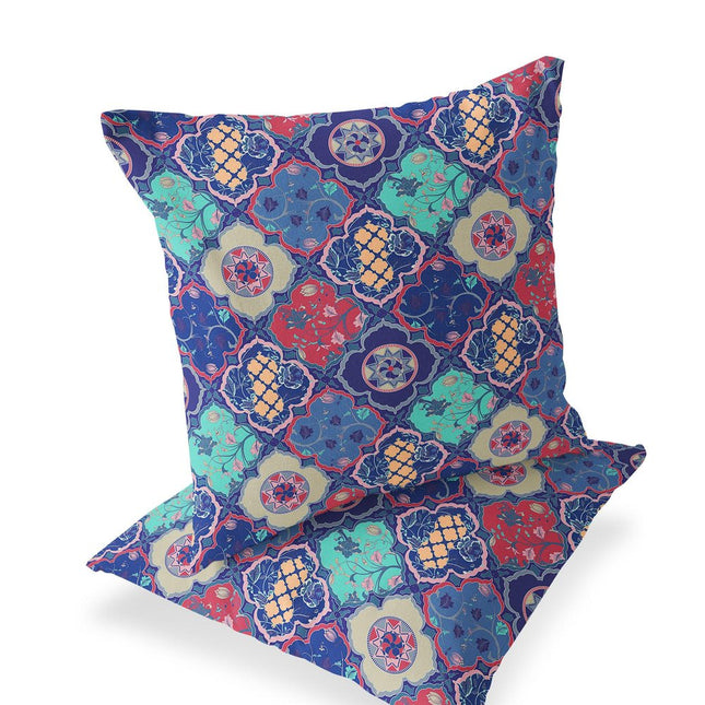 Set of Two Navy Blue And Red Diamond Indoor Outdoor Throw Pillow