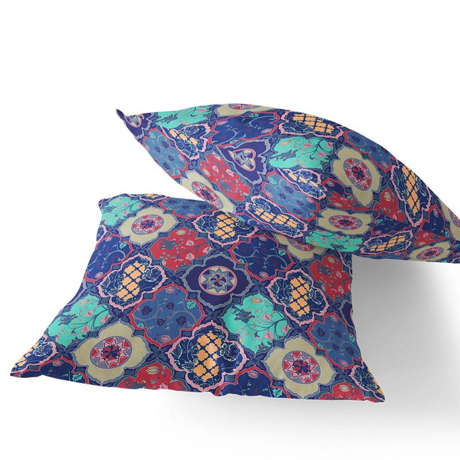 Set of Two Navy Blue And Red Diamond Indoor Outdoor Throw Pillow