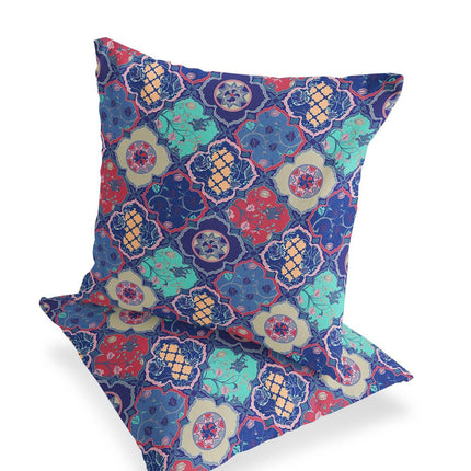 Set of Two Navy Blue And Red Diamond Indoor Outdoor Throw Pillow