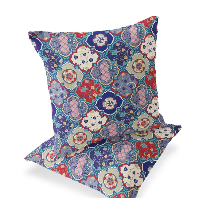 Set of Two Red Cream And Turquoise Diamond Indoor Outdoor Throw Pillow