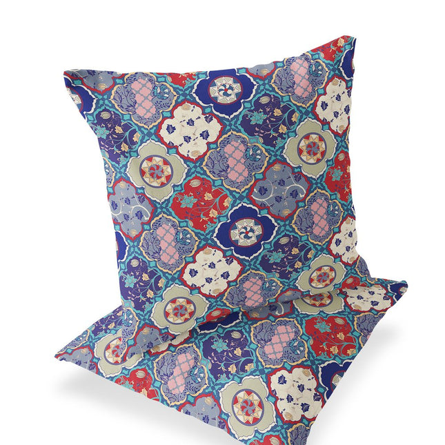 Set of Two Red Cream And Turquoise Diamond Indoor Outdoor Throw Pillow HomeRoots