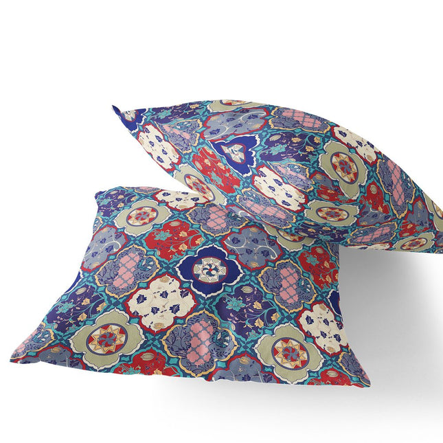 Set of Two Red Cream And Turquoise Diamond Indoor Outdoor Throw Pillow HomeRoots