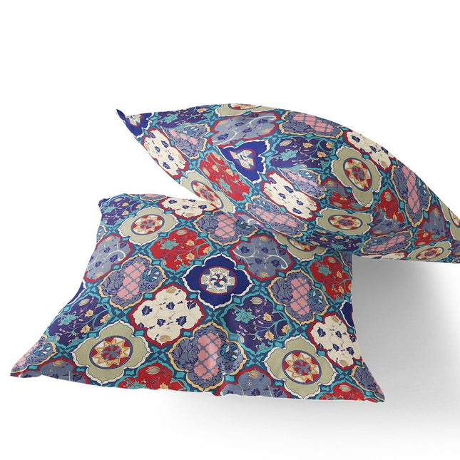 Set of Two Red Cream And Turquoise Diamond Indoor Outdoor Throw Pillow