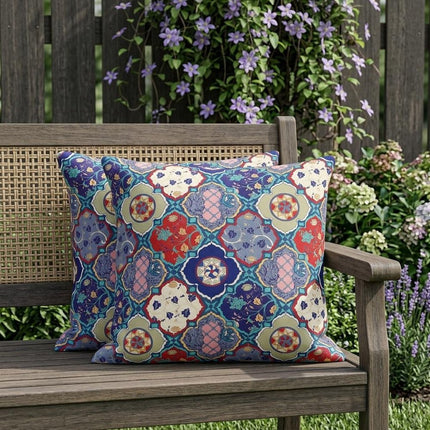 Set of Two Red Cream And Turquoise Diamond Indoor Outdoor Throw Pillow HomeRoots