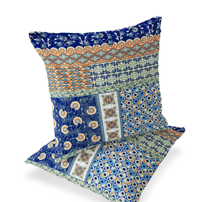 Set of Two Navy Blue And Orange Floral Indoor Outdoor Throw Pillow