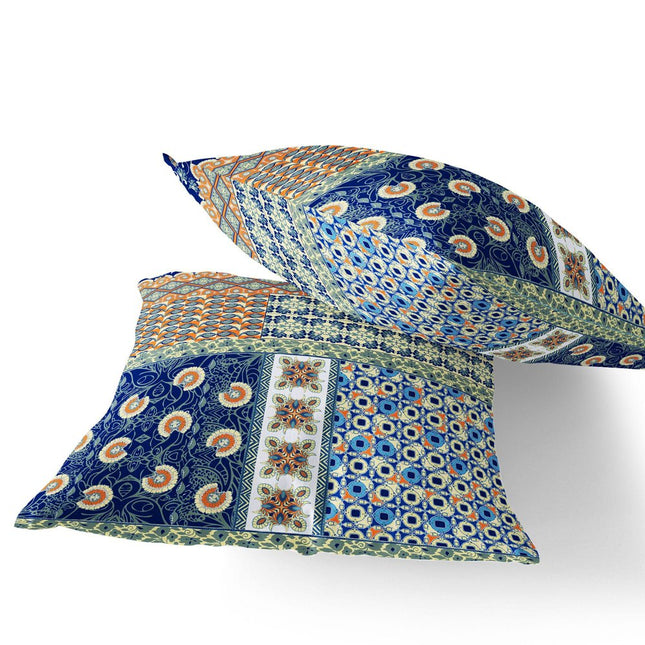 Set of Two Navy Blue And Orange Floral Indoor Outdoor Throw Pillow