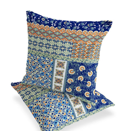Set of Two Navy Blue And Orange Floral Indoor Outdoor Throw Pillow HomeRoots