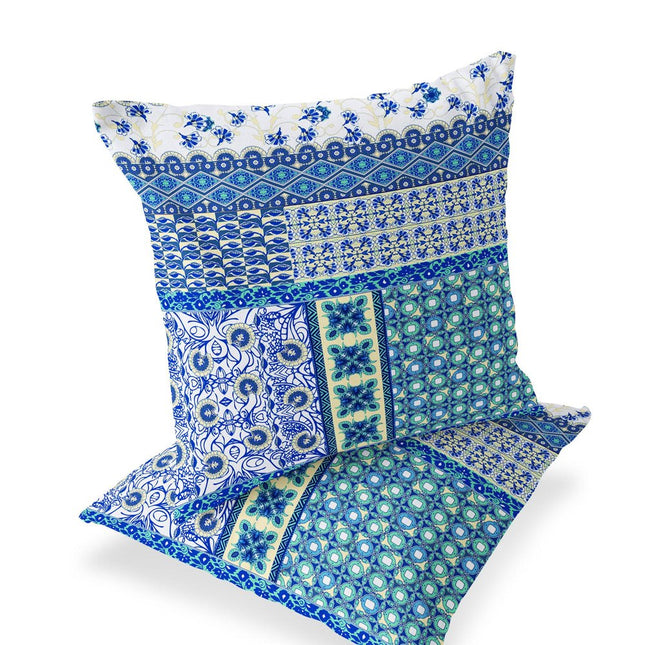 Set of Two White And Blue Floral Indoor Outdoor Throw Pillow