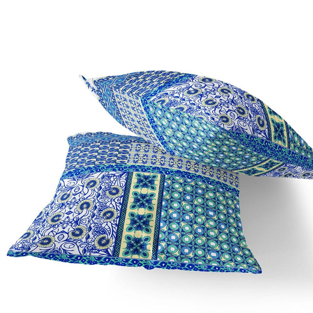 Set of Two White And Blue Floral Indoor Outdoor Throw Pillow