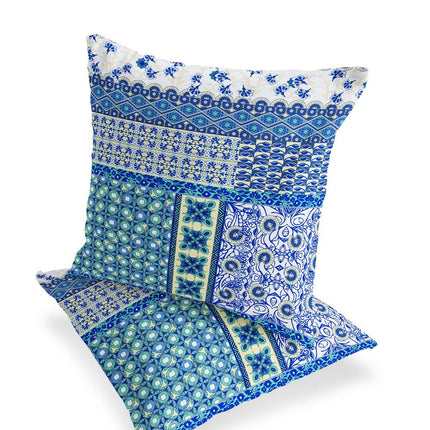 Set of Two White And Blue Floral Indoor Outdoor Throw Pillow