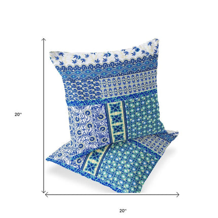 Set of Two White And Blue Floral Indoor Outdoor Throw Pillow