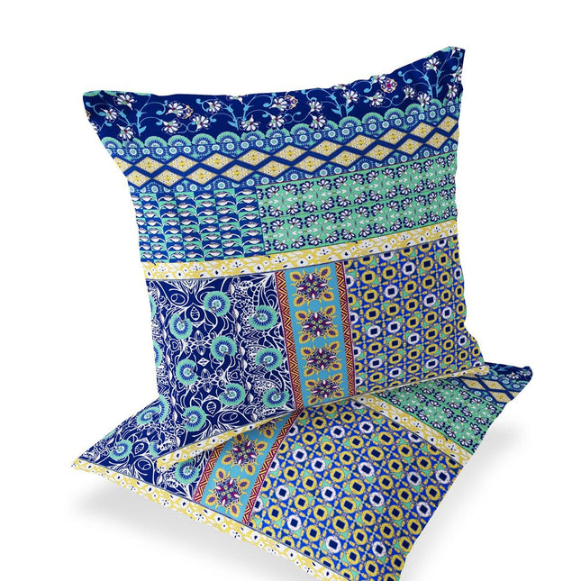 Set of Two Navy Blue And Yellow Floral Indoor Outdoor Throw Pillow