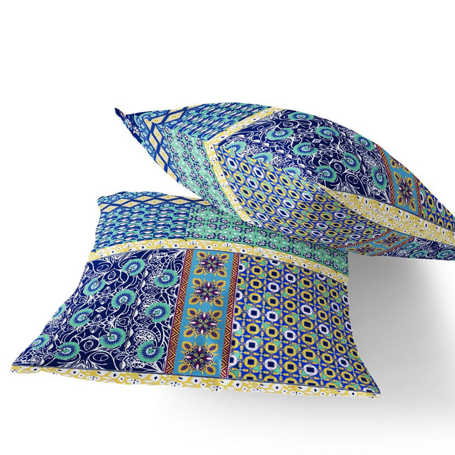 Set of Two Navy Blue And Yellow Floral Indoor Outdoor Throw Pillow