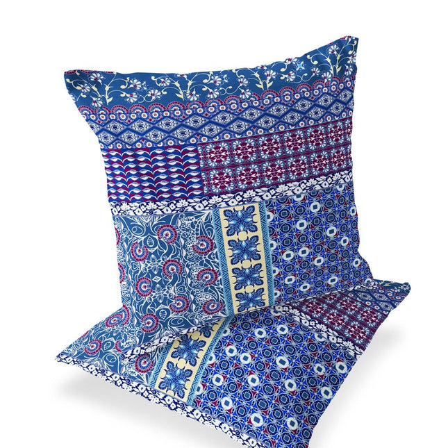 Set of Two Navy Blue And Maroon Floral Indoor Outdoor Throw Pillow