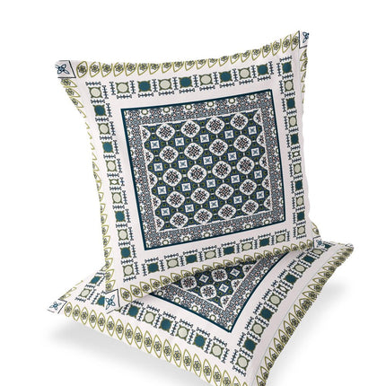 Set of Two White And Green Floral Indoor Outdoor Throw Pillow