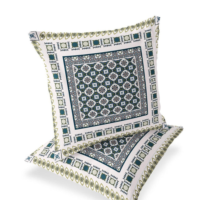Set of Two White And Green Floral Indoor Outdoor Throw Pillow
