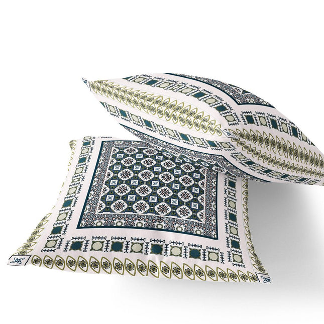 Set of Two White And Green Floral Indoor Outdoor Throw Pillow
