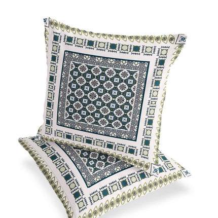 Set of Two White And Green Floral Indoor Outdoor Throw Pillow