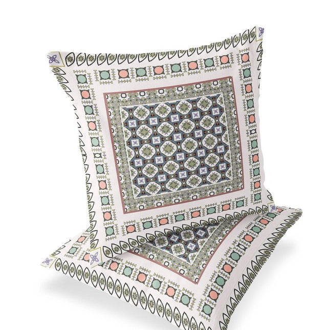 Set of Two White And Blue Floral Indoor Outdoor Throw Pillow