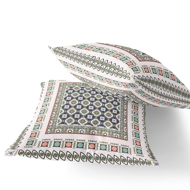 Set of Two White And Blue Floral Indoor Outdoor Throw Pillow