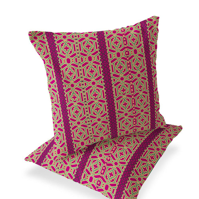 Set of Two Pink And Green Geometric Indoor Outdoor Throw Pillow