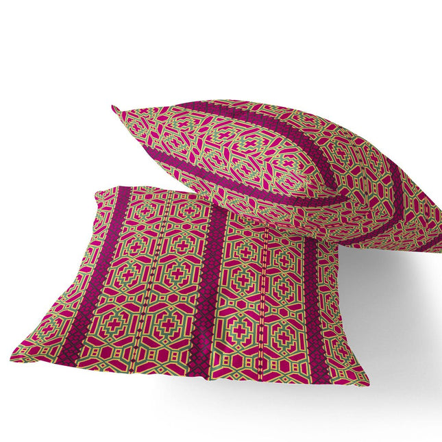 Set of Two Pink And Green Geometric Indoor Outdoor Throw Pillow
