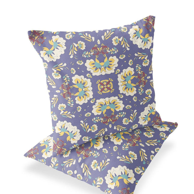 Set of Two Purple Yellow And Off White Floral Indoor Outdoor Throw Pillow