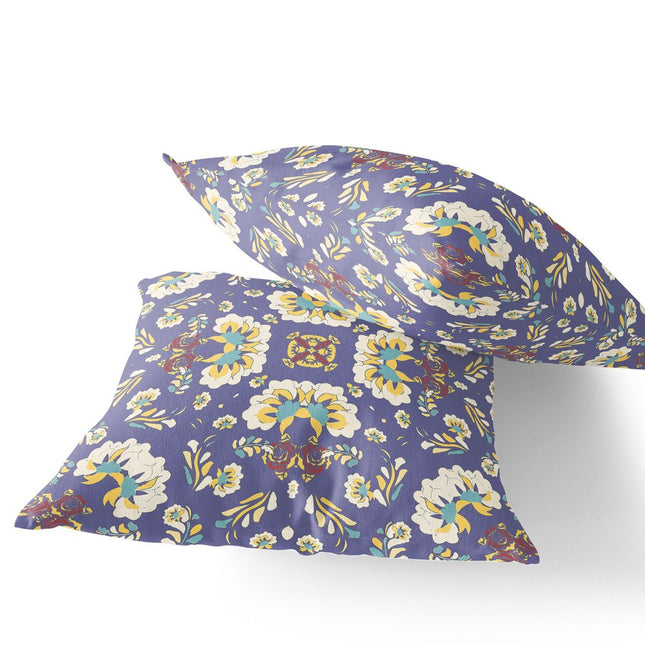 Set of Two Purple Yellow And Off White Floral Indoor Outdoor Throw Pillow