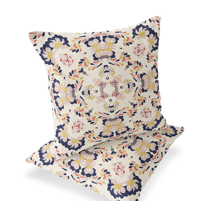Set of Two White And Blue Abstract Indoor Outdoor Throw Pillow