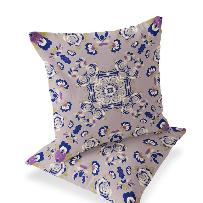 Set of Two Purple And Blue Botanical Indoor Outdoor Throw Pillow