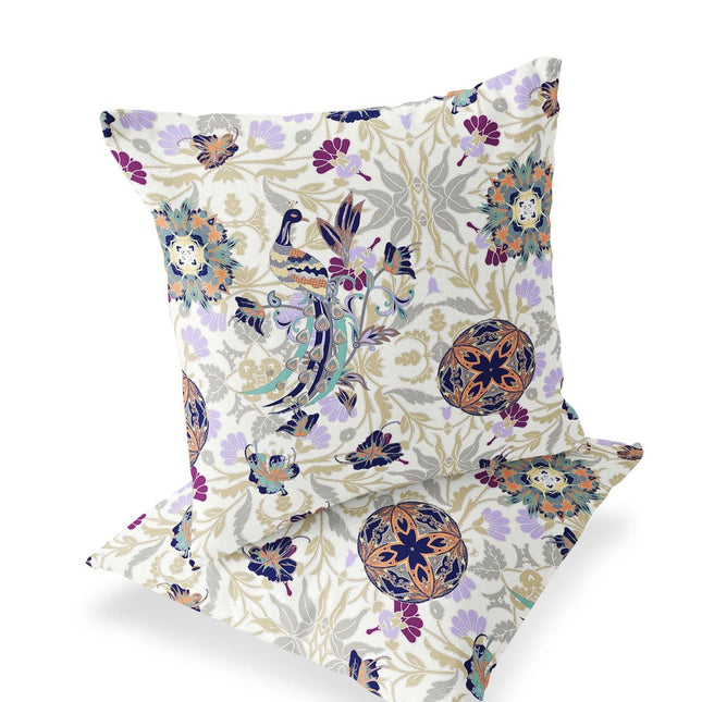Set of Two White And Purple Peacock Indoor Outdoor Throw Pillow
