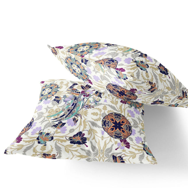 Set of Two White And Purple Peacock Indoor Outdoor Throw Pillow