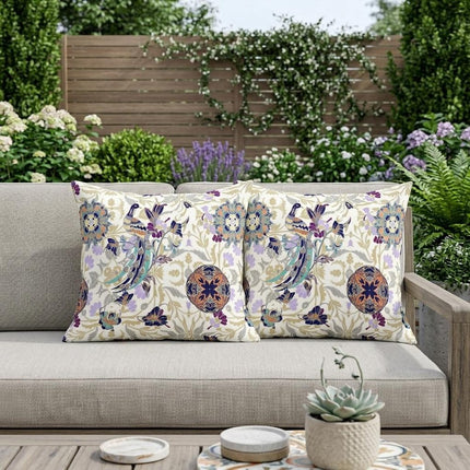 Set of Two White And Purple Peacock Indoor Outdoor Throw Pillow