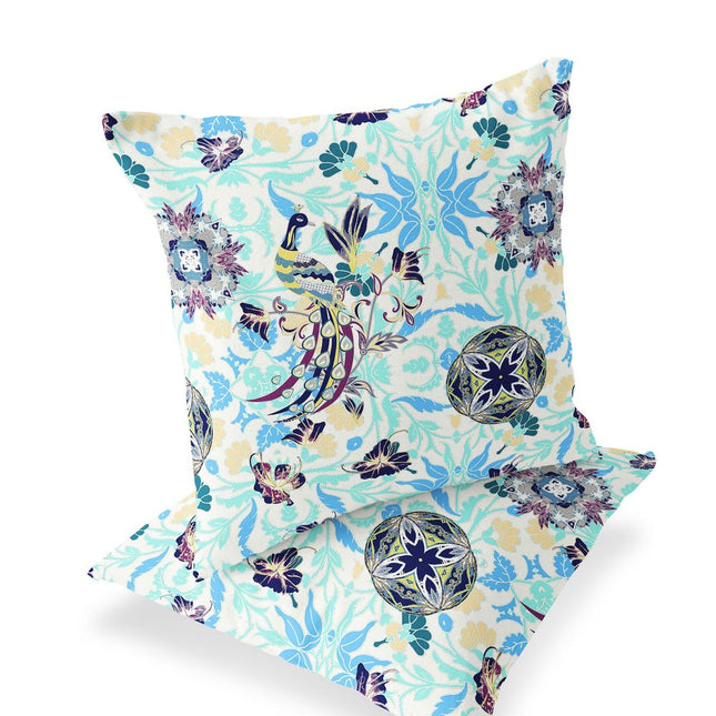 Set of Two White And Blue Peacock Indoor Outdoor Throw Pillow