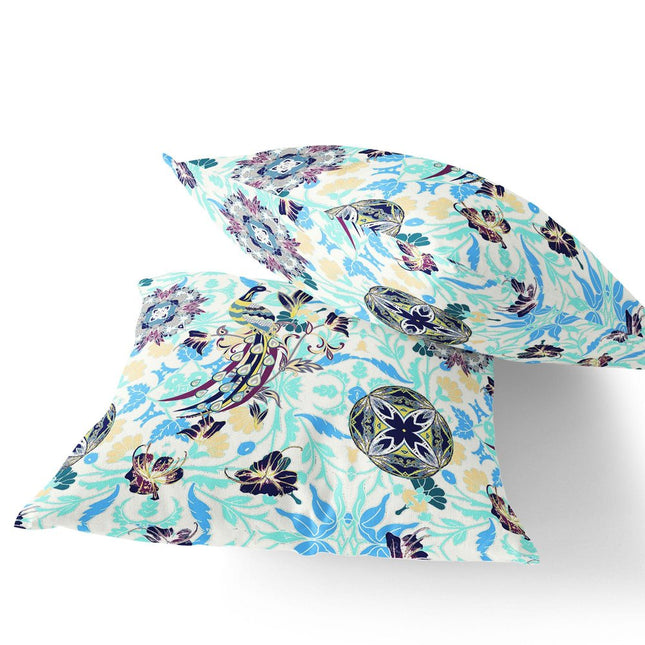 Set of Two White And Blue Peacock Indoor Outdoor Throw Pillow